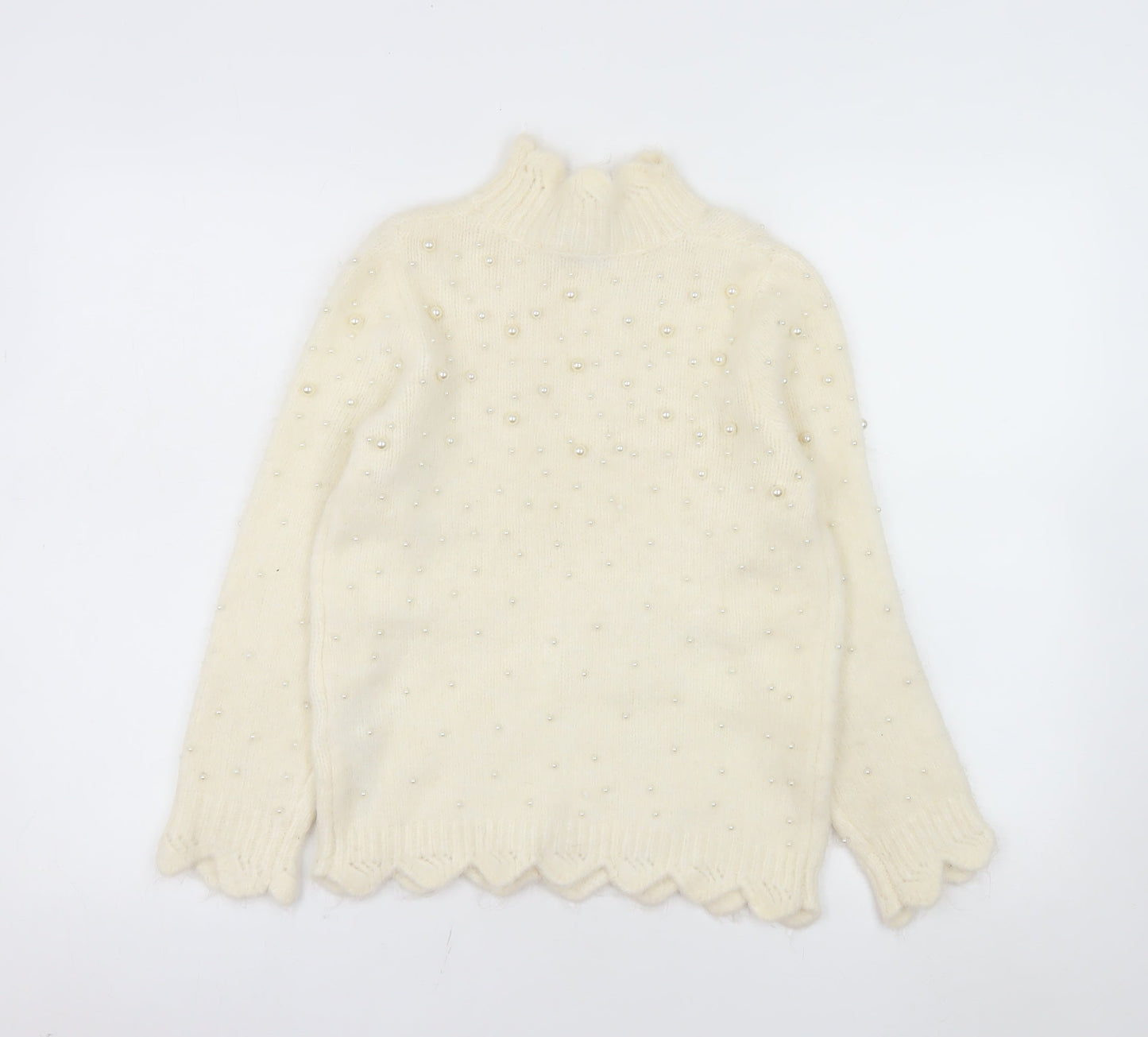 ZARA Women's Ivory Beaded Mock Neck Knit Jumper Size 12