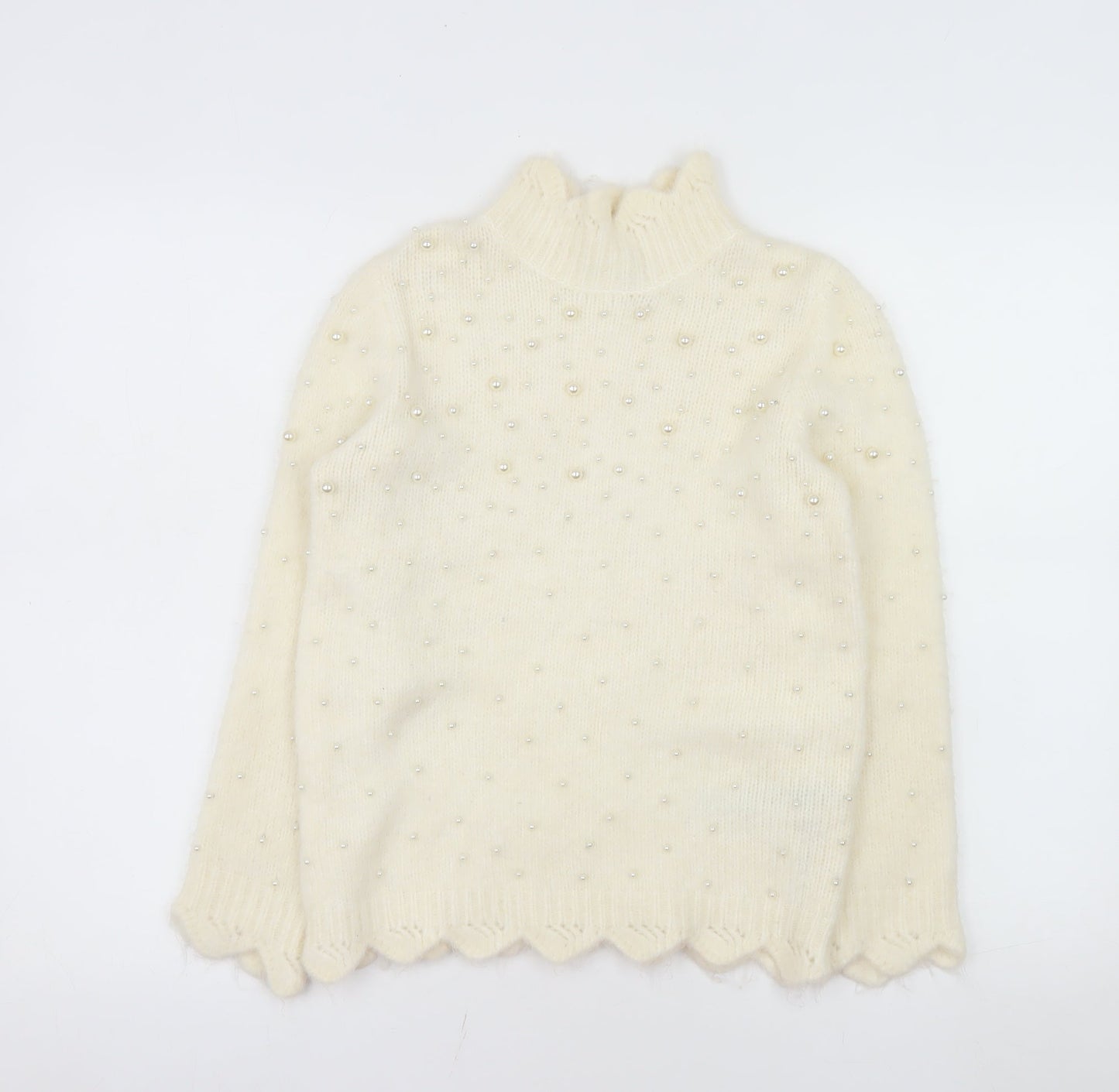 ZARA Women's Ivory Beaded Mock Neck Knit Jumper Size 12