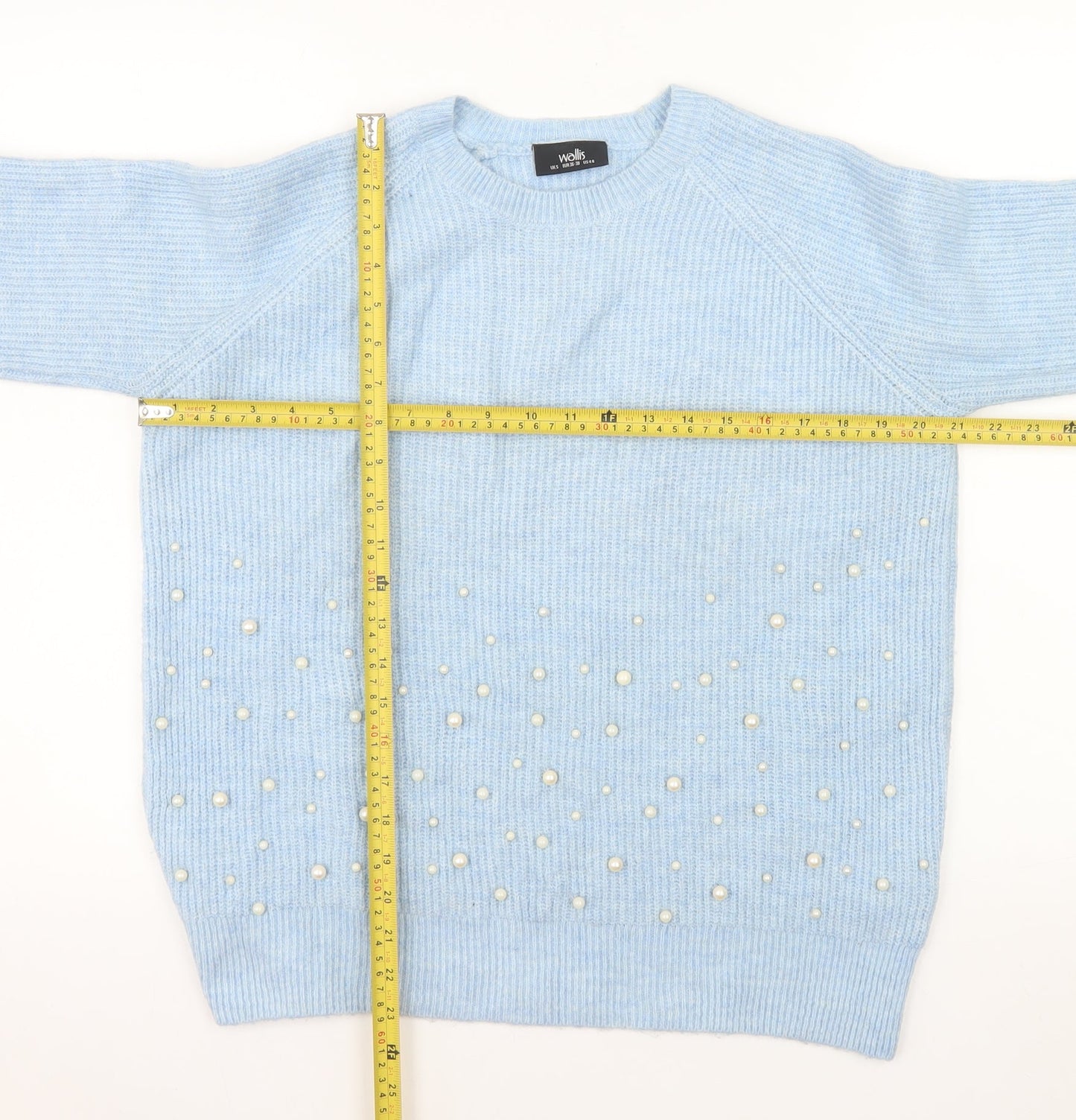 Wallis Women's Blue Beaded Knit Crew Neck Pullover Jumper Size S