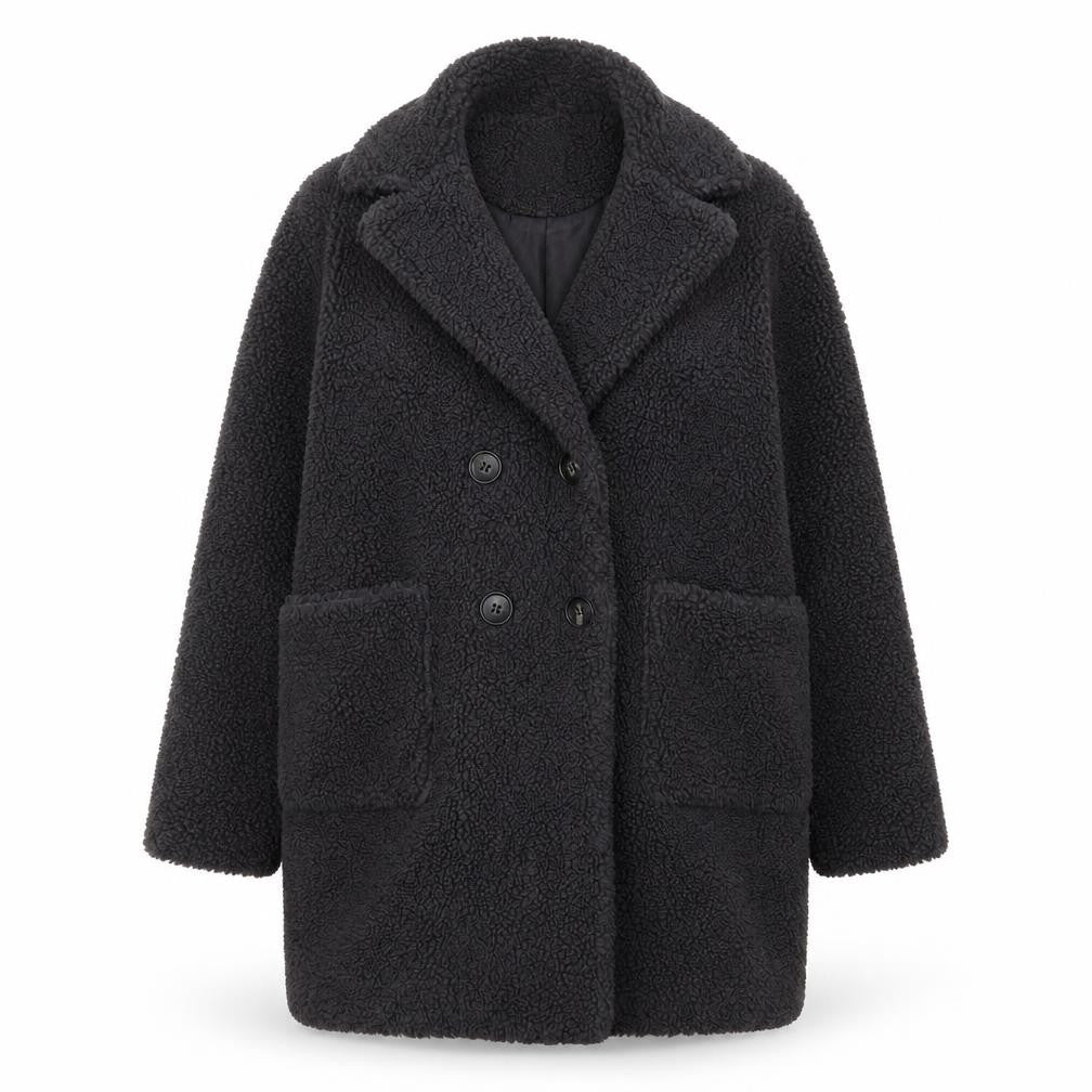 New Look Women's Black Teddy Coat Size 8 Double Breasted Mid-Length