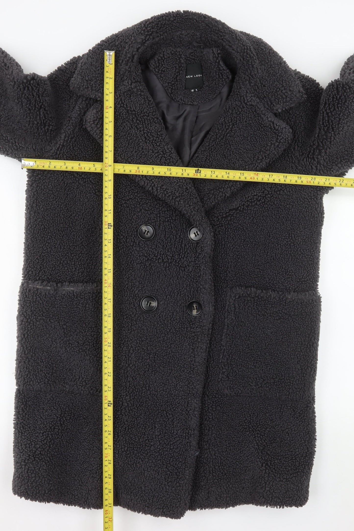 New Look Women's Black Teddy Coat Size 8 Double Breasted Mid-Length