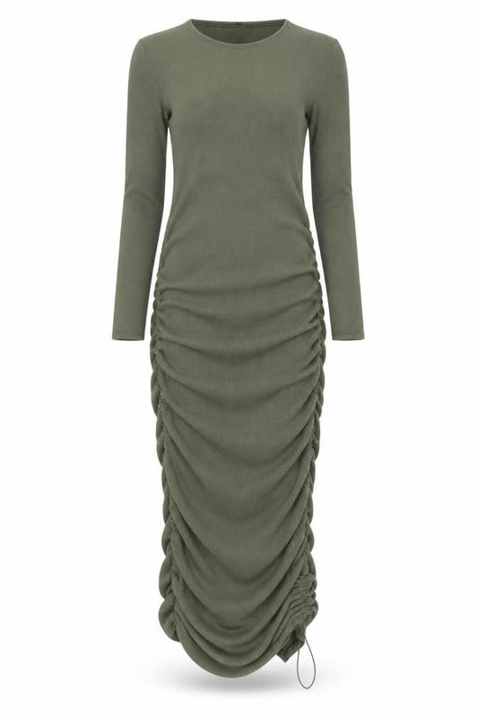 PRETTYLITTLETHING Women’s Green Long Sleeve Ruched Bodycon Midi Dress Size 8