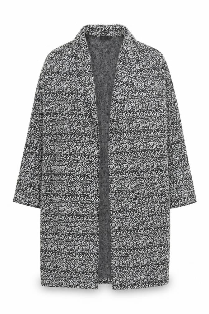 Topshop Women's Black Geometric Coatigan Size 14 Open Front Mid-Length