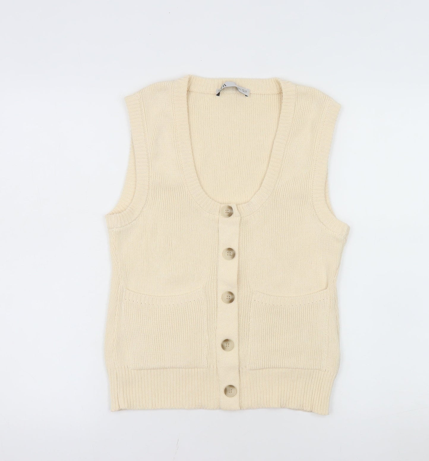 ZARA Women Beige Sleeveless Cardigan Knit Button S