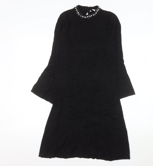 Warehouse Women Black Beaded High Neck Shift Dress Size 10
