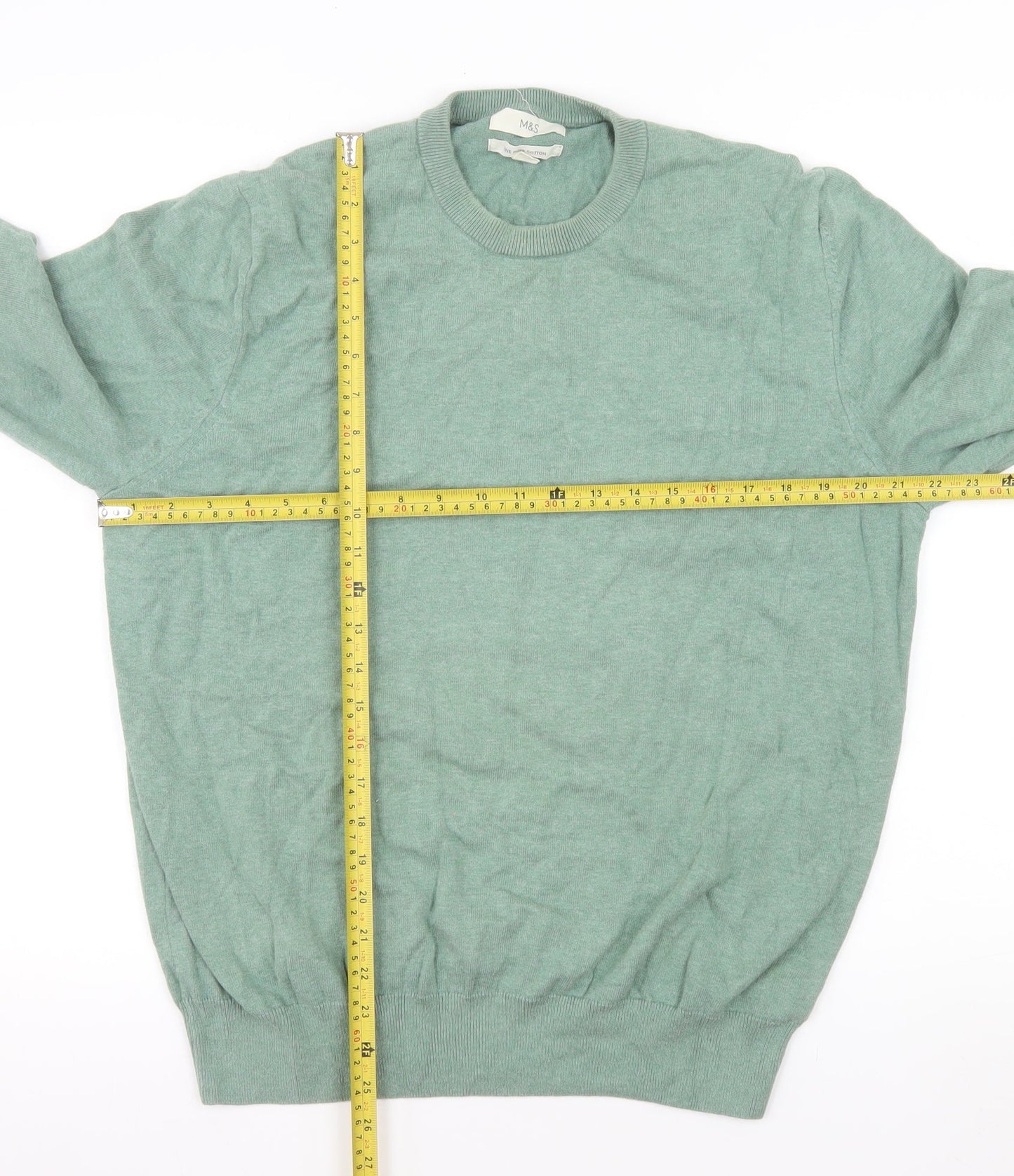 Marks and Spencer Men's Green Cotton Crew Neck Jumper XL