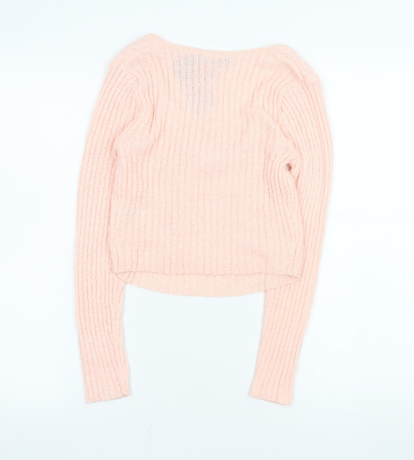 New Look 915 Girls Pink Cropped Ribbed Knit Bow Top Age 10-11 Long Sleeve