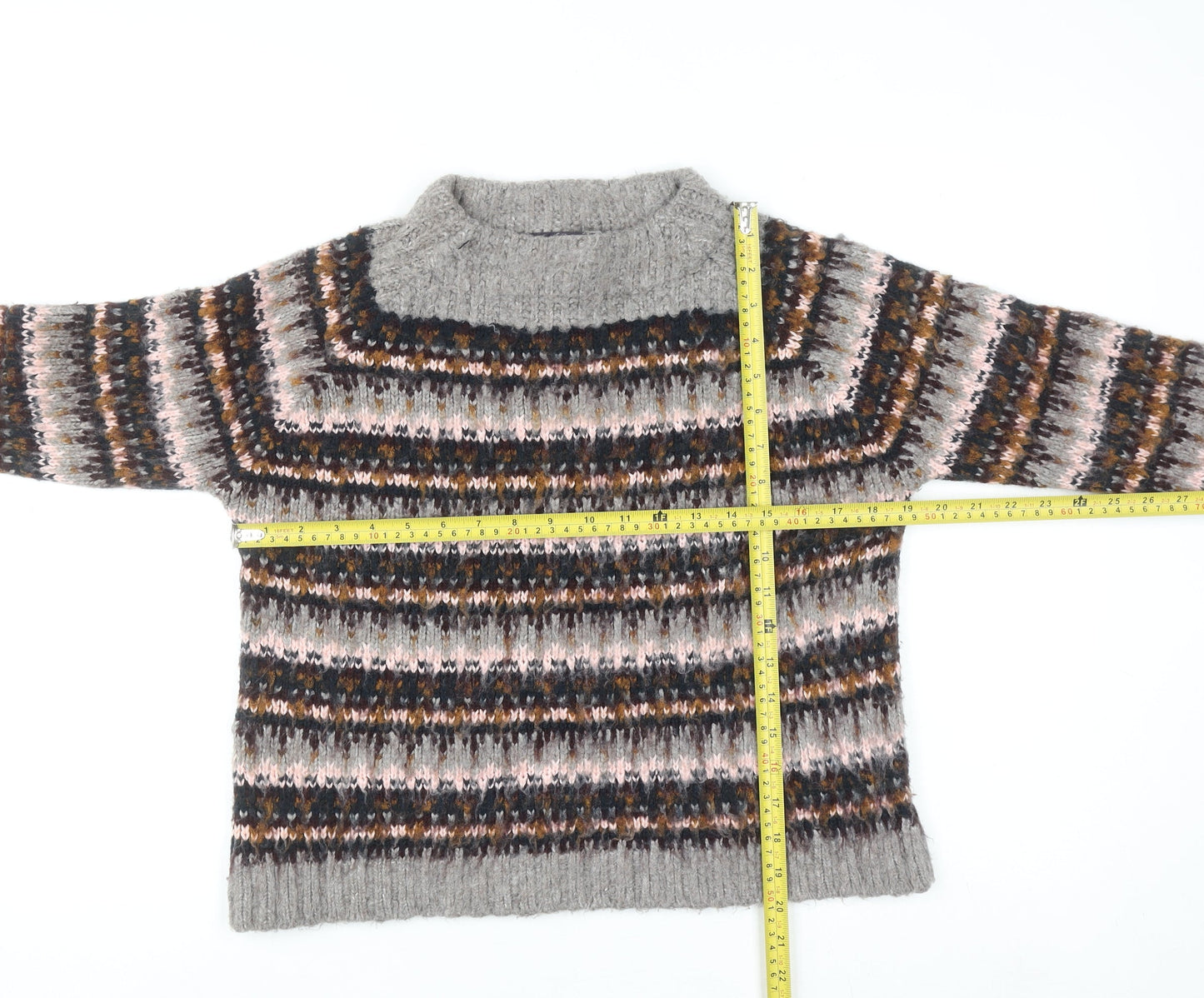 Marks and Spencer Women Grey Fair Isle Chunky Knit Jumper Size 10