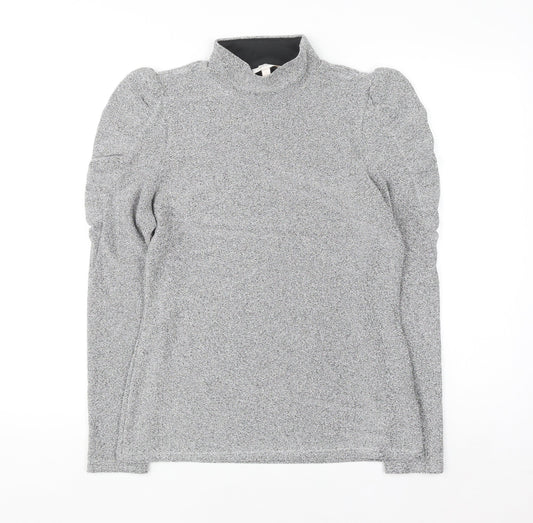 Feather & Bone London Women’s Silver Metallic Roll Neck Puff Sleeve Top L