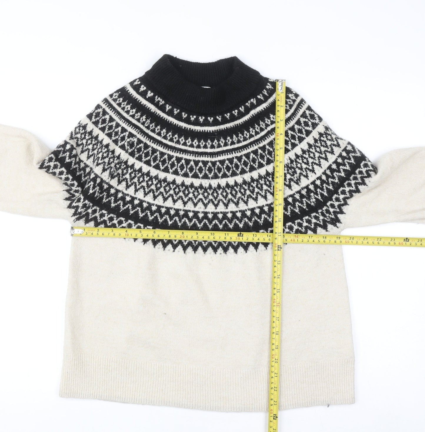 H&M Women Beige Fair Isle Roll Neck Jumper Size S