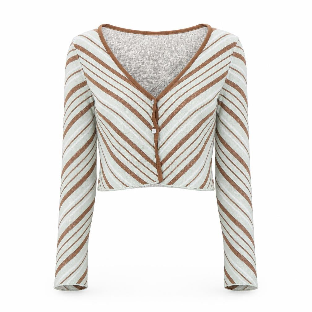 ZARA Women Brown Striped V-Neck Knit Cardigan Size S