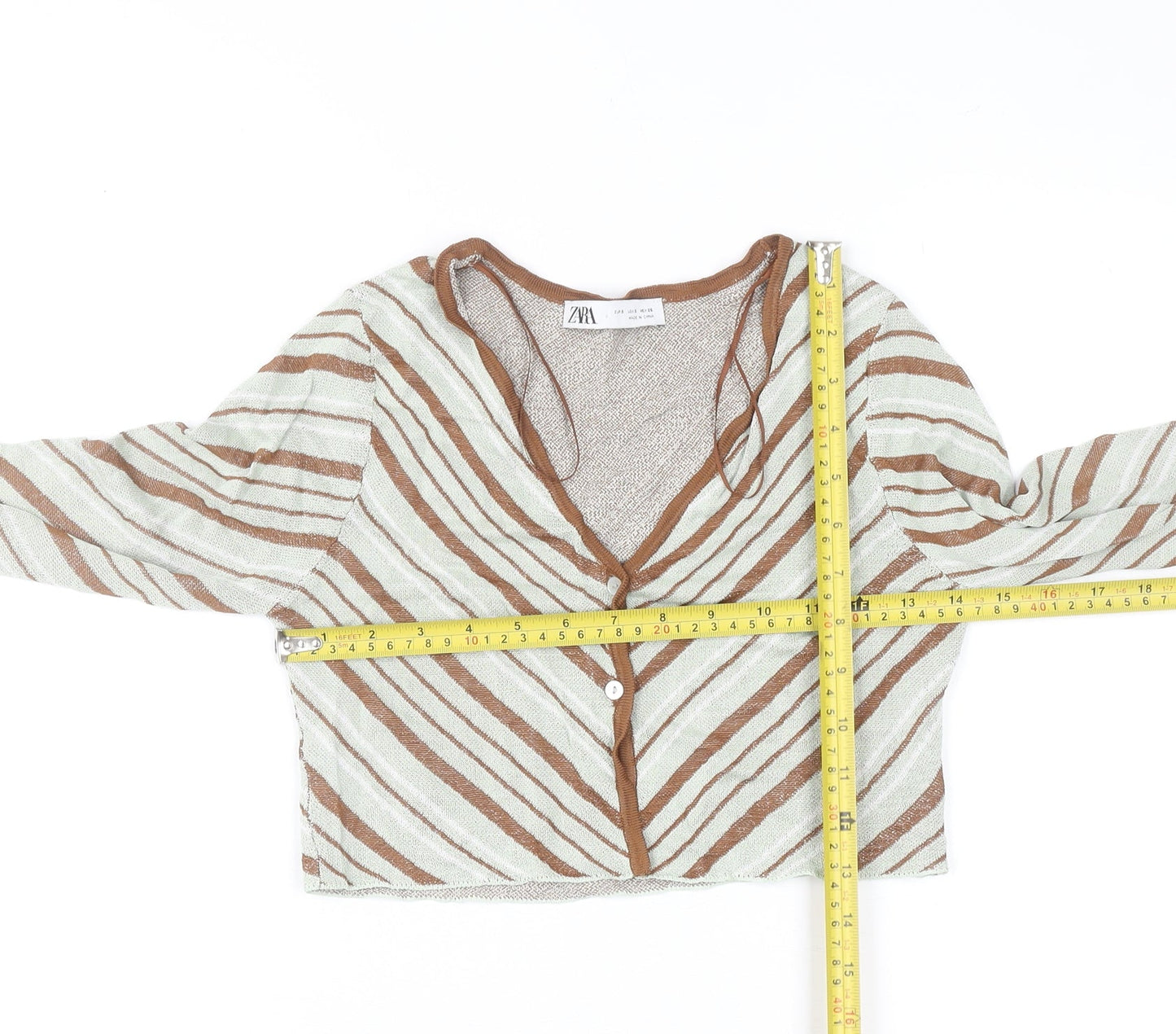ZARA Women Brown Striped V-Neck Knit Cardigan Size S