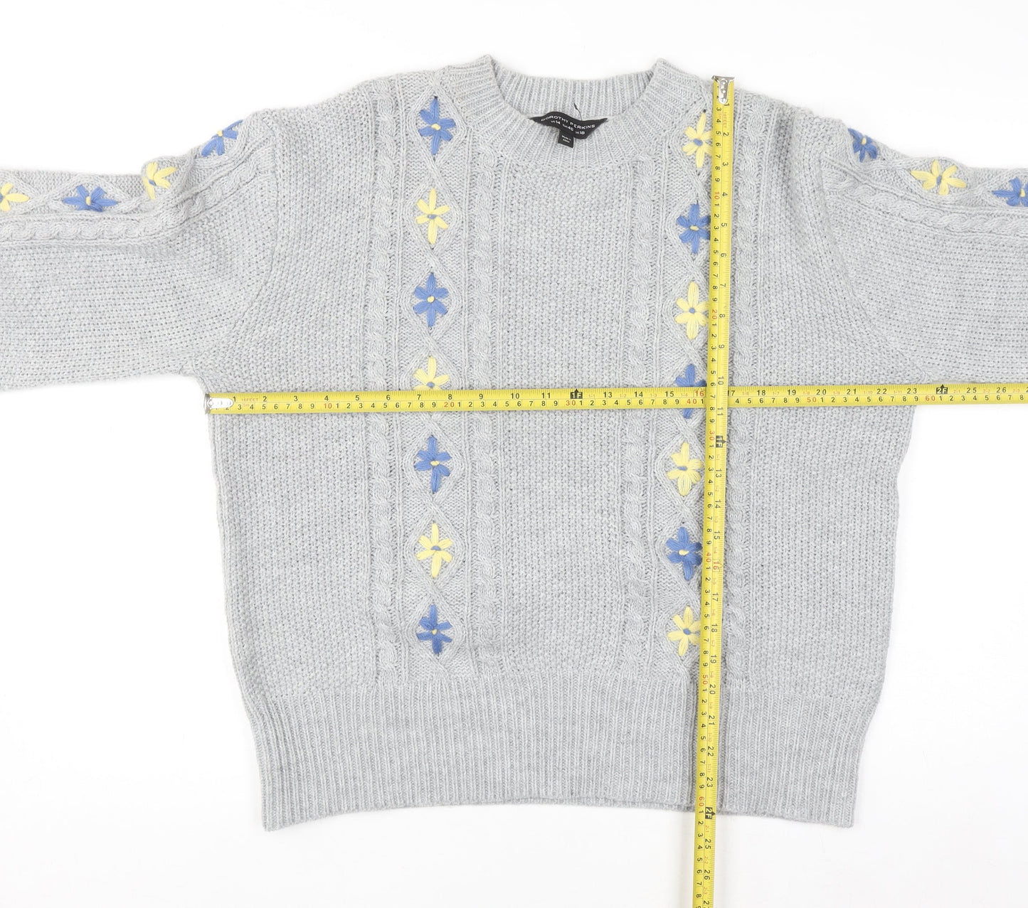 Dorothy Perkins Women's Grey Cable-Knit Jumper UK 18 Floral Embroidery