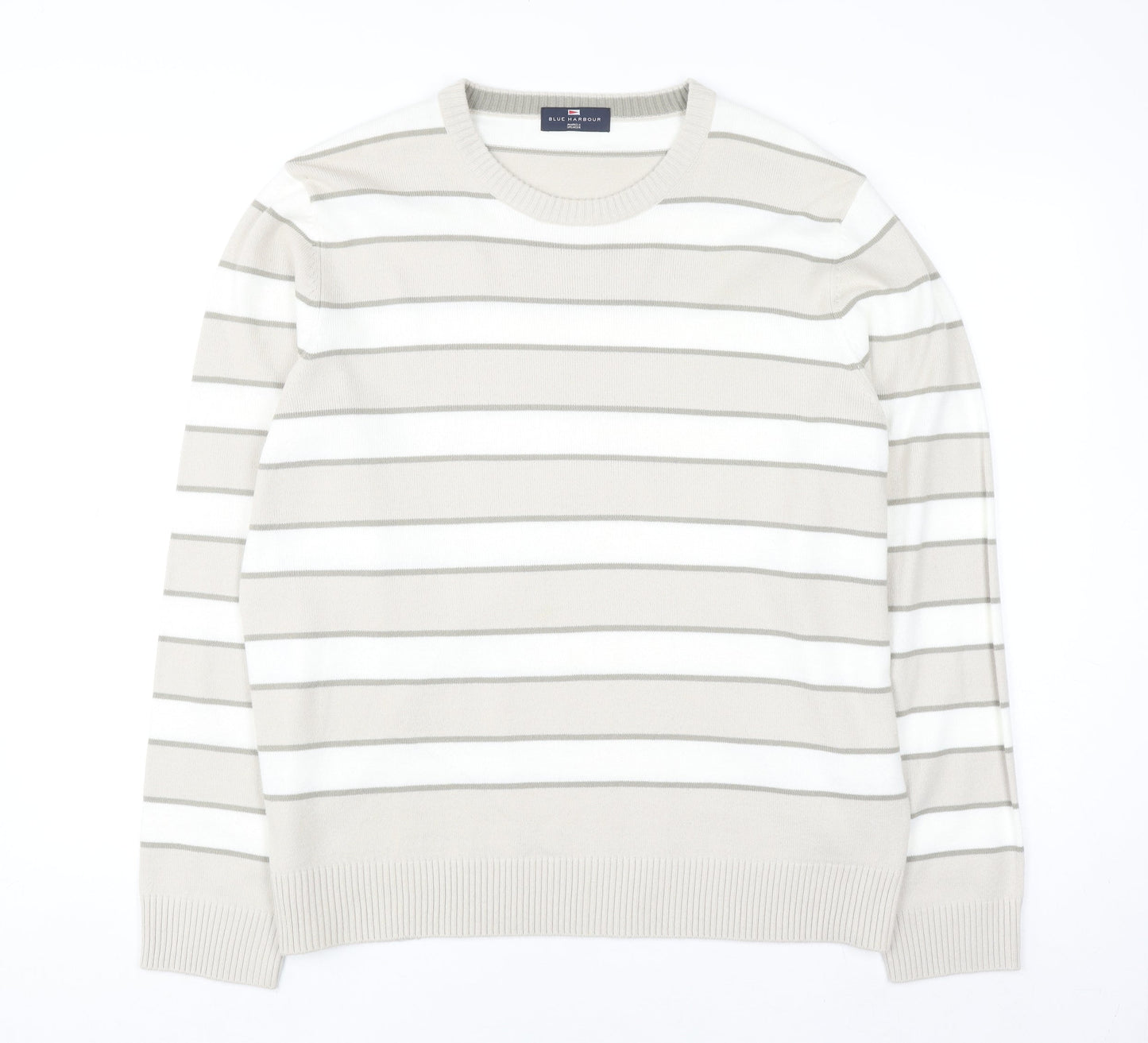 Marks and Spencer Men’s Beige Striped Crew Neck Acrylic Jumper Size L