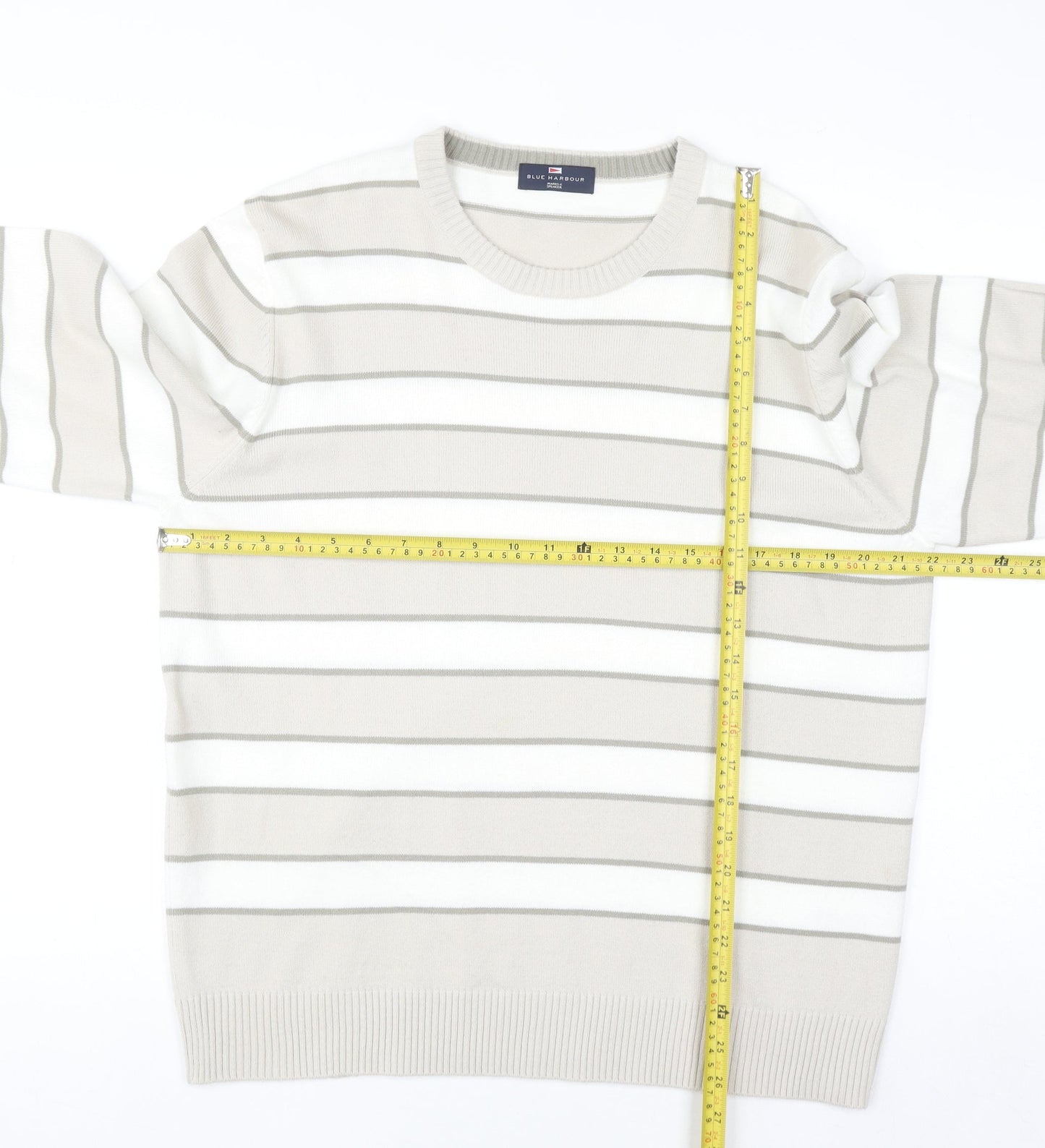 Marks and Spencer Men’s Beige Striped Crew Neck Acrylic Jumper Size L