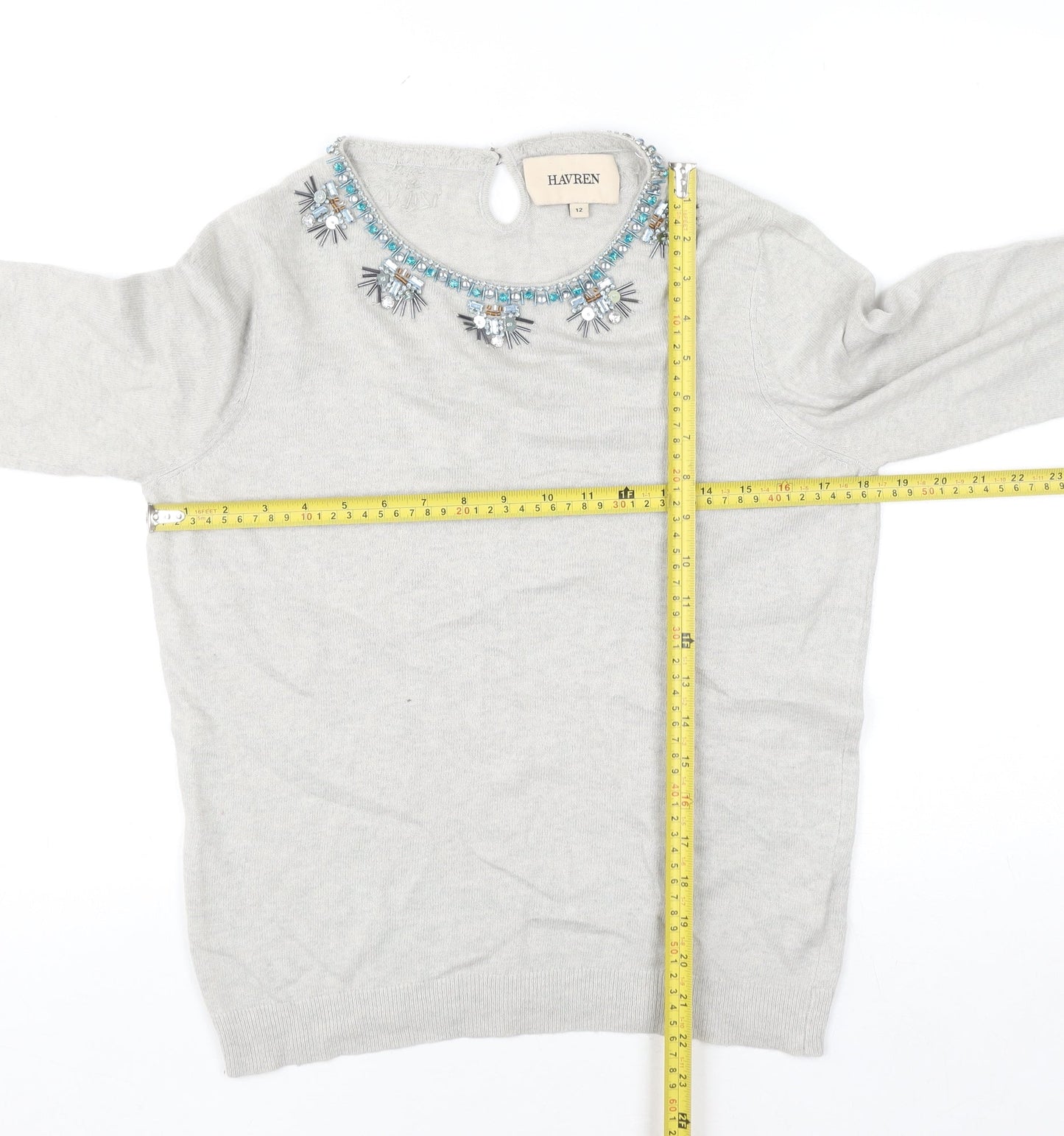 Havren Women's Grey Beaded Crew Neck Jumper Size 12