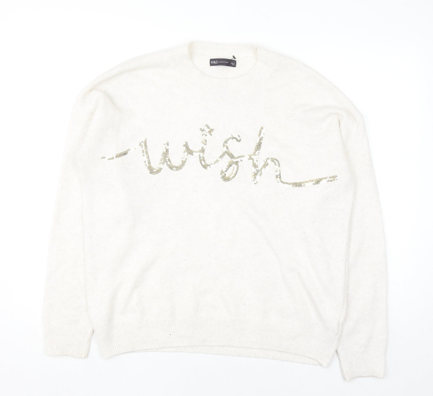 Marks and Spencer Women’s Ivory Sequin Wish Pullover Jumper Size L