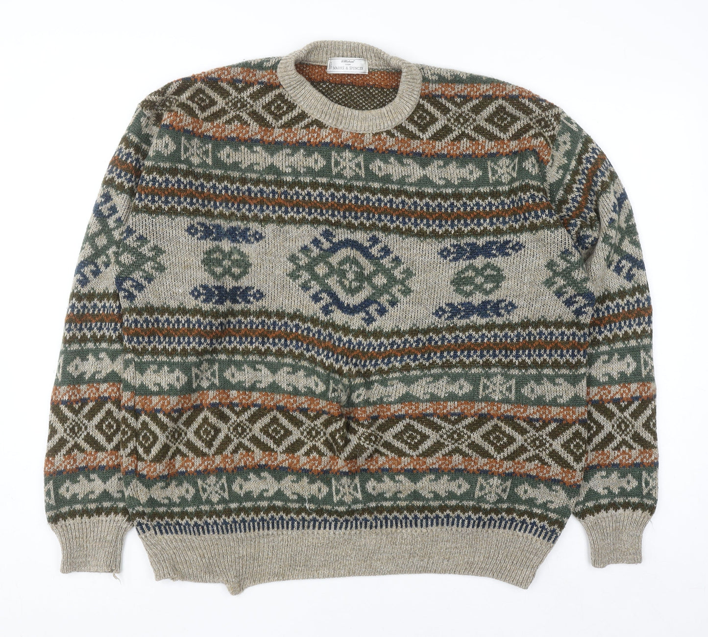 Marks and Spencer St Michael Men's Beige XL Fair Isle Wool Knit Jumper