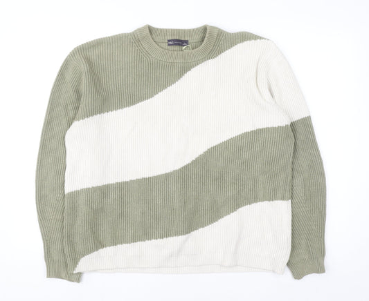 Marks and Spencer Men's Green & Cream Stripe Knit Jumper L