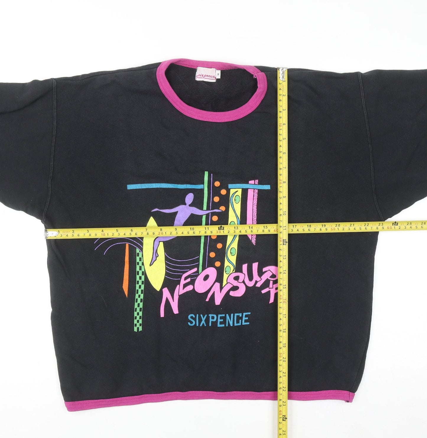 Sixpence Women's Black Neon Surf 80s Graphic Cotton 3/4 Sleeve T-Shirt M