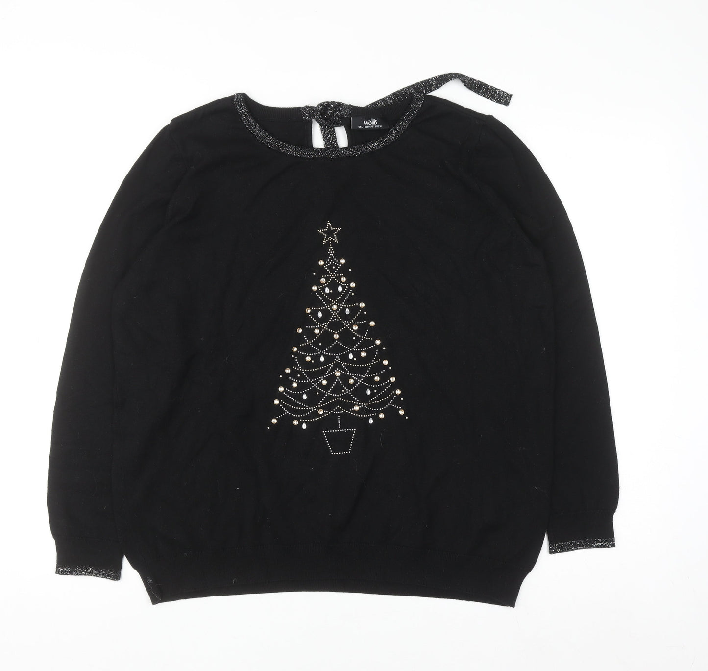 Wallis Womens Black L Knit Christmas Beaded Tree Top Size L
