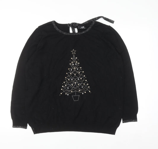 Wallis Womens Black L Knit Christmas Beaded Tree Top Size L