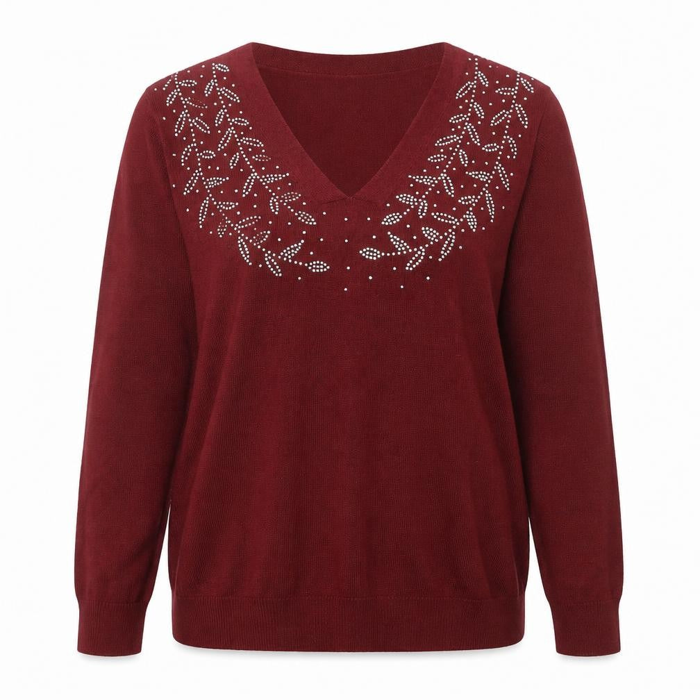 Afibel Women Red Rhinestone V-Neck Pullover Jumper Size 16/18