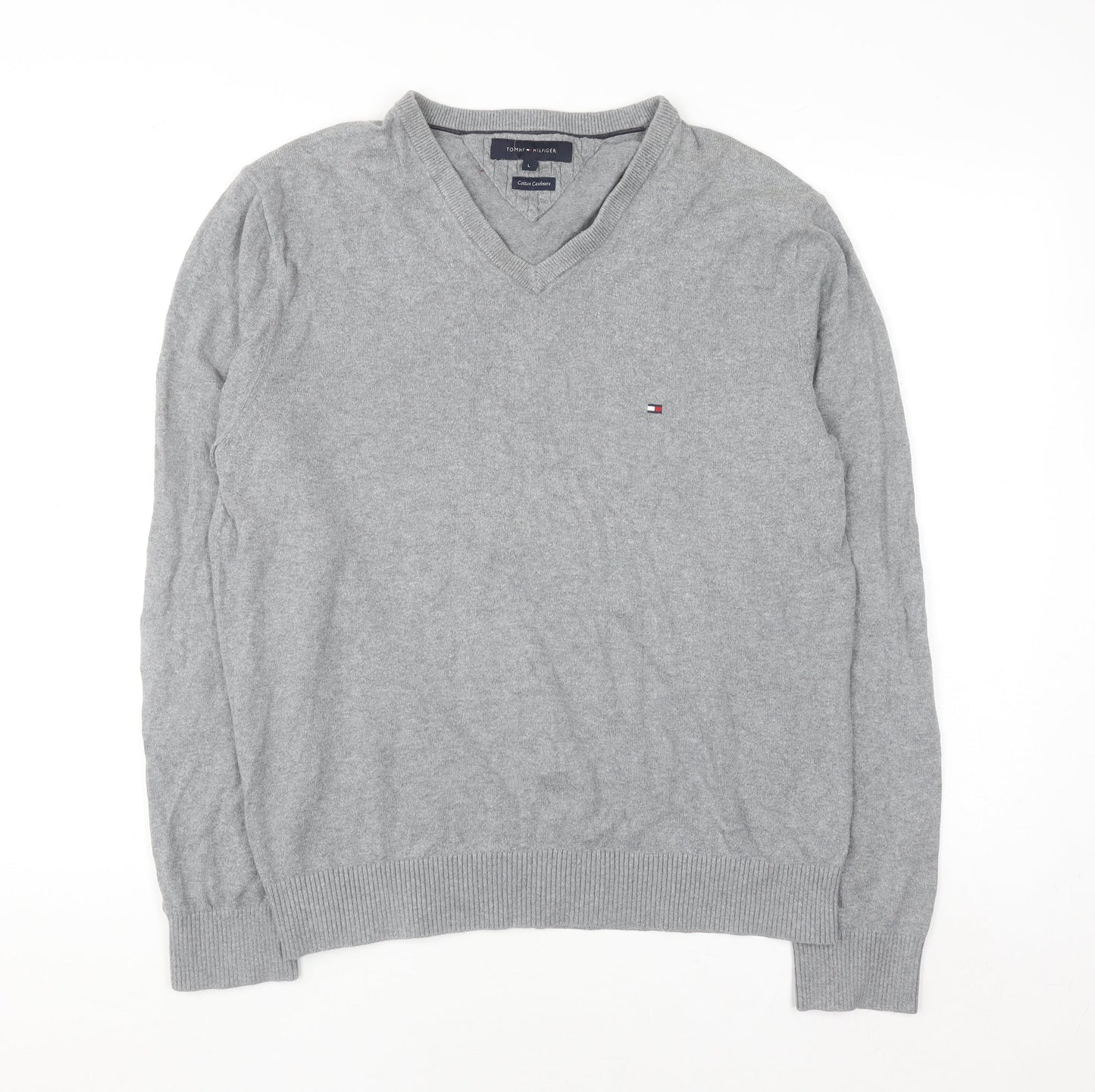Tommy Hilfiger Men's Grey Cotton Cashmere V-Neck Jumper Size L