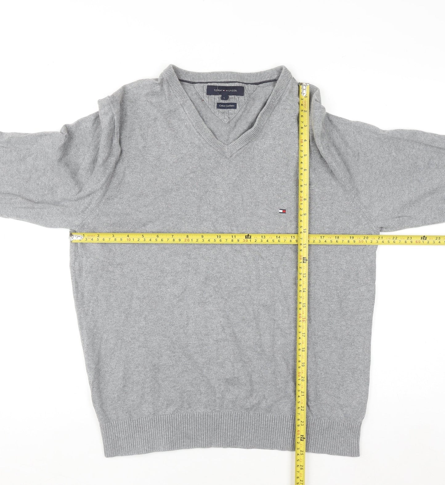 Tommy Hilfiger Men's Grey Cotton Cashmere V-Neck Jumper Size L