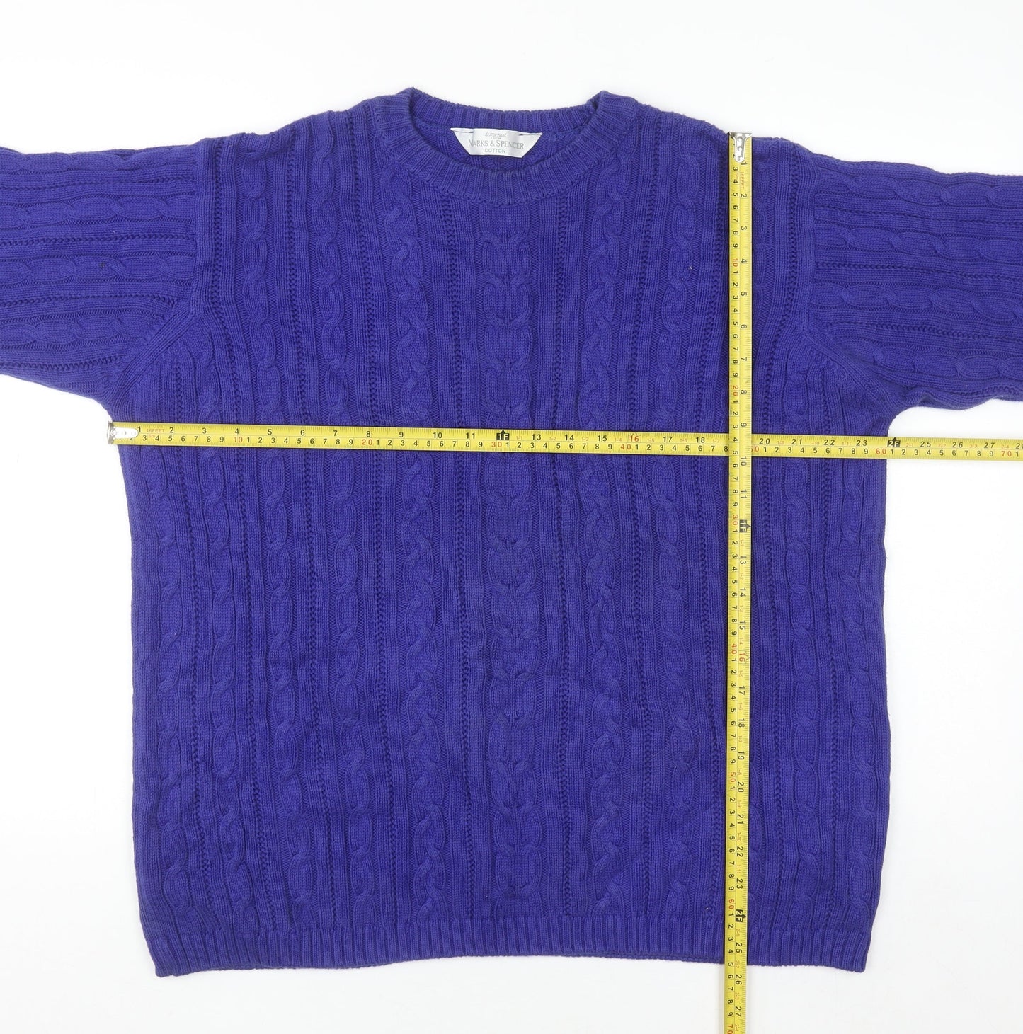 Marks & Spencer Womens Blue Cotton Cable Knit Jumper Size 16