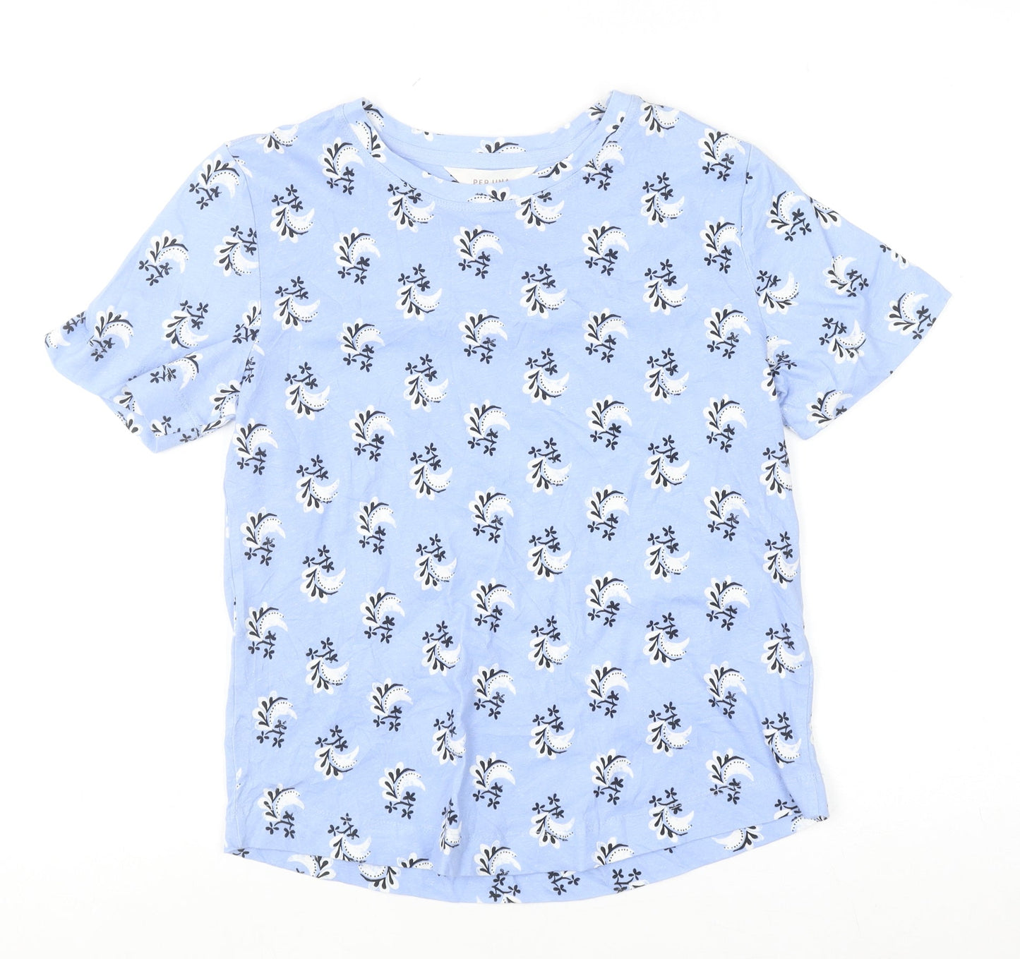 Marks and Spencer Per Una Women's Blue Floral Cotton Linen T-Shirt Size 6