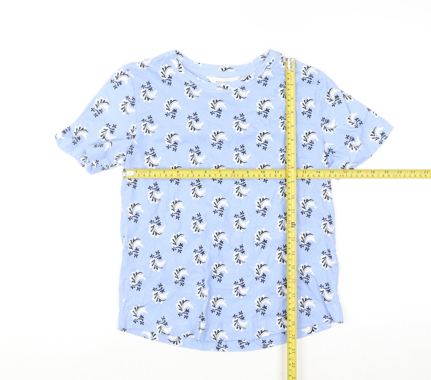 Marks and Spencer Per Una Women's Blue Floral Cotton Linen T-Shirt Size 6