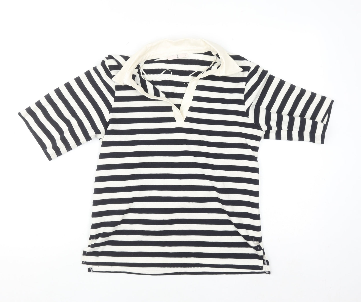Tu Women’s Black & White Striped Collared T-Shirt Size 6 100% Cotton