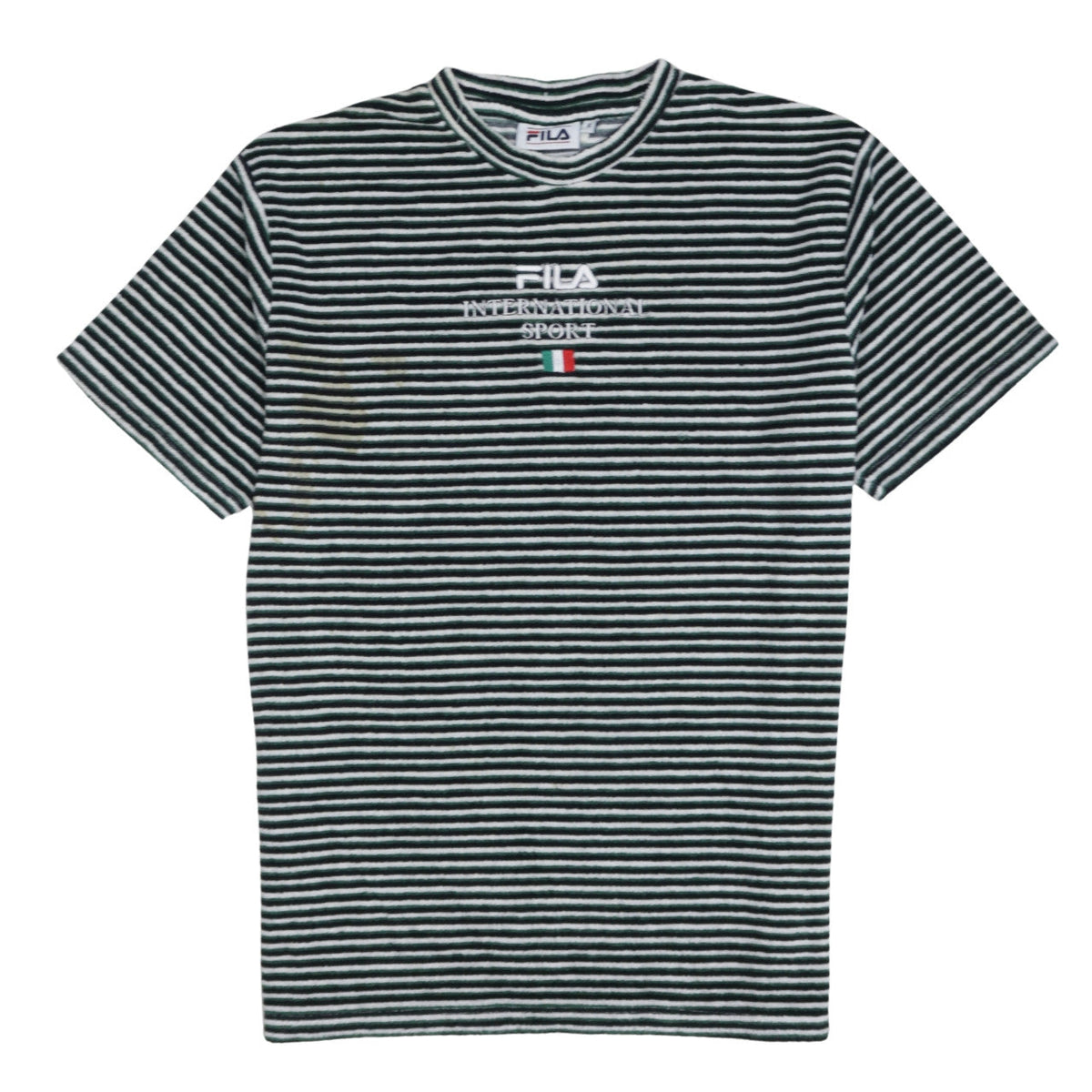 Additional front view of Fila Men’s Green Striped Embroidered Sports T-Shirt, size S, Retro Style