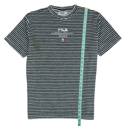 Close-up detail of Fila Men’s Green Striped Embroidered Sports T-Shirt, size S, Retro Style