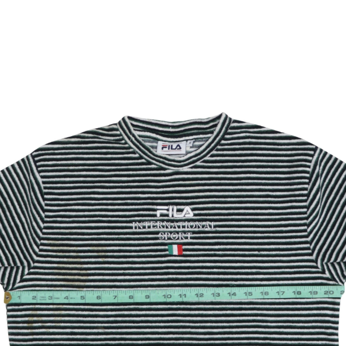 Brand and care label for Fila Men’s Green Striped Embroidered Sports T-Shirt, size S, Retro Style