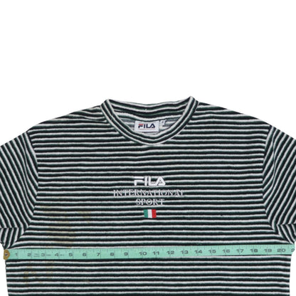 Brand and care label for Fila Men’s Green Striped Embroidered Sports T-Shirt, size S, Retro Style