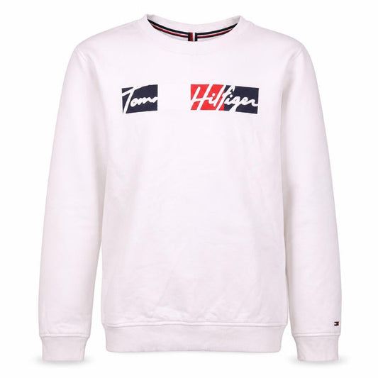 Front view of Tommy Hilfiger boys’ white logo pullover sweatshirt 12-14 years