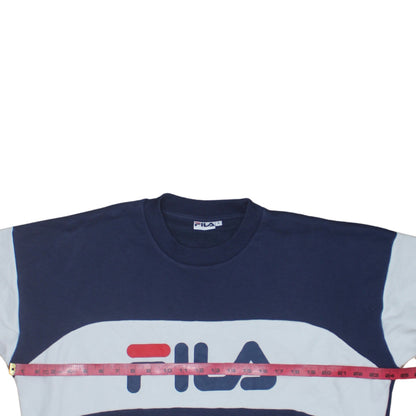 Back view of Fila women’s navy red colourblock crew neck sweatshirt, size S