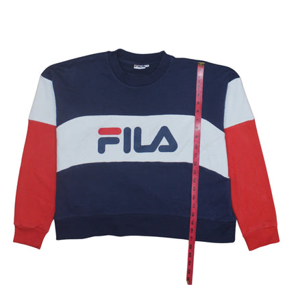 Close-up detail of Fila women’s navy red colourblock crew neck sweatshirt, size S
