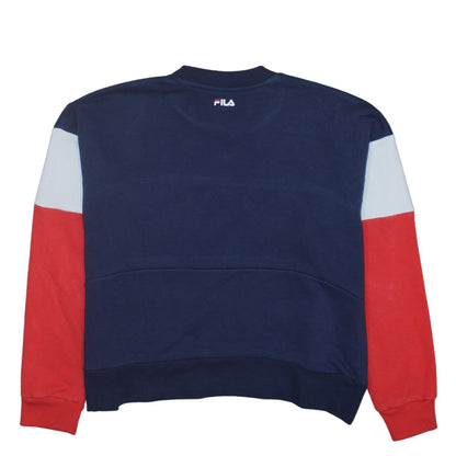 Brand and care label for Fila women’s navy red colourblock crew neck sweatshirt, size S