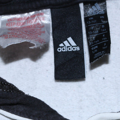 Close-up detail of Adidas boys’ white pullover hoodie, size 13-14, years graphic print