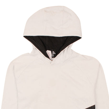 Brand and care label for Adidas boys’ white pullover hoodie, size 13-14, years graphic print