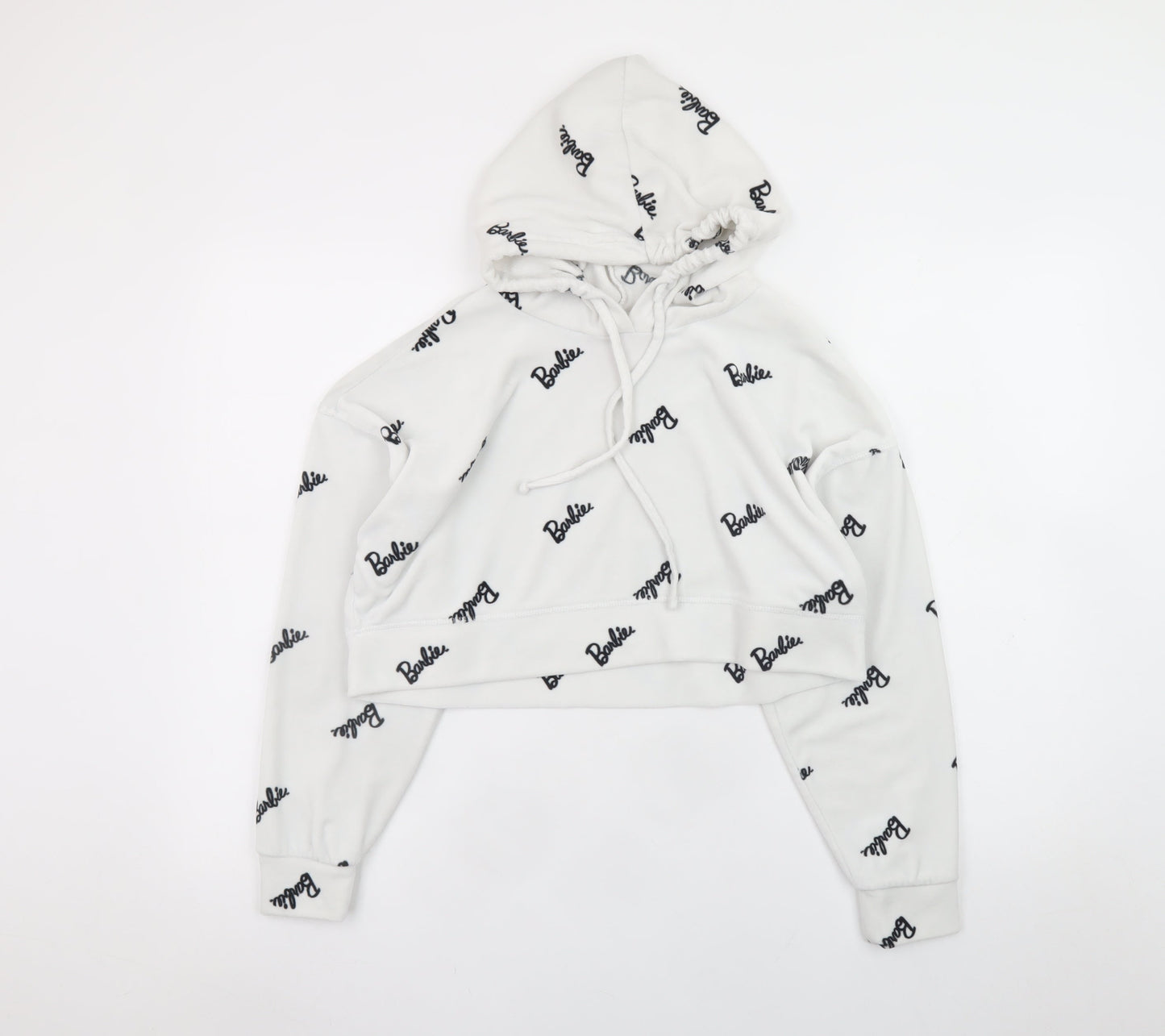 Barbie White XS Cropped Pullover Hoodie for Women with Logo Print