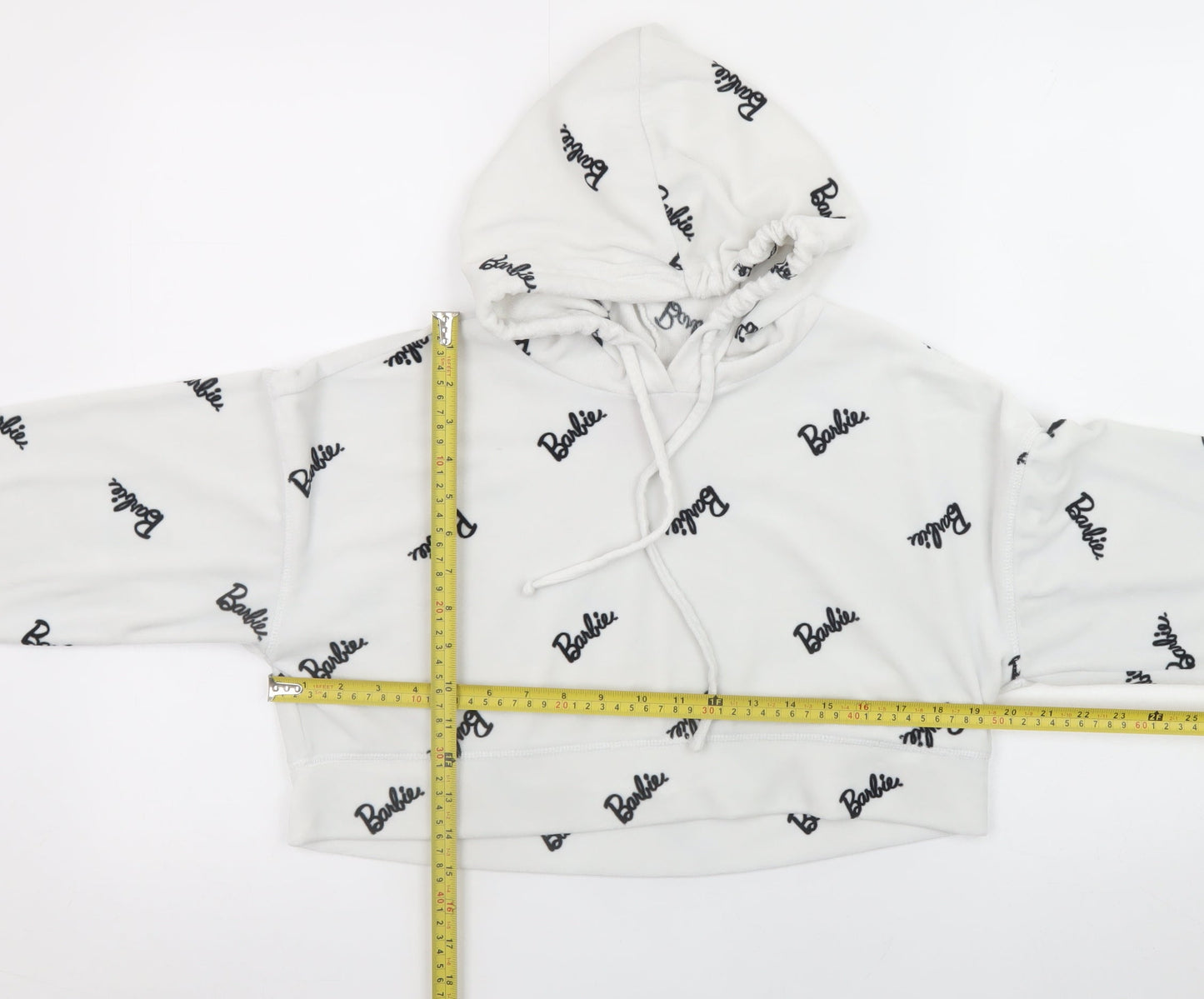 Barbie White XS Cropped Pullover Hoodie for Women with Logo Print