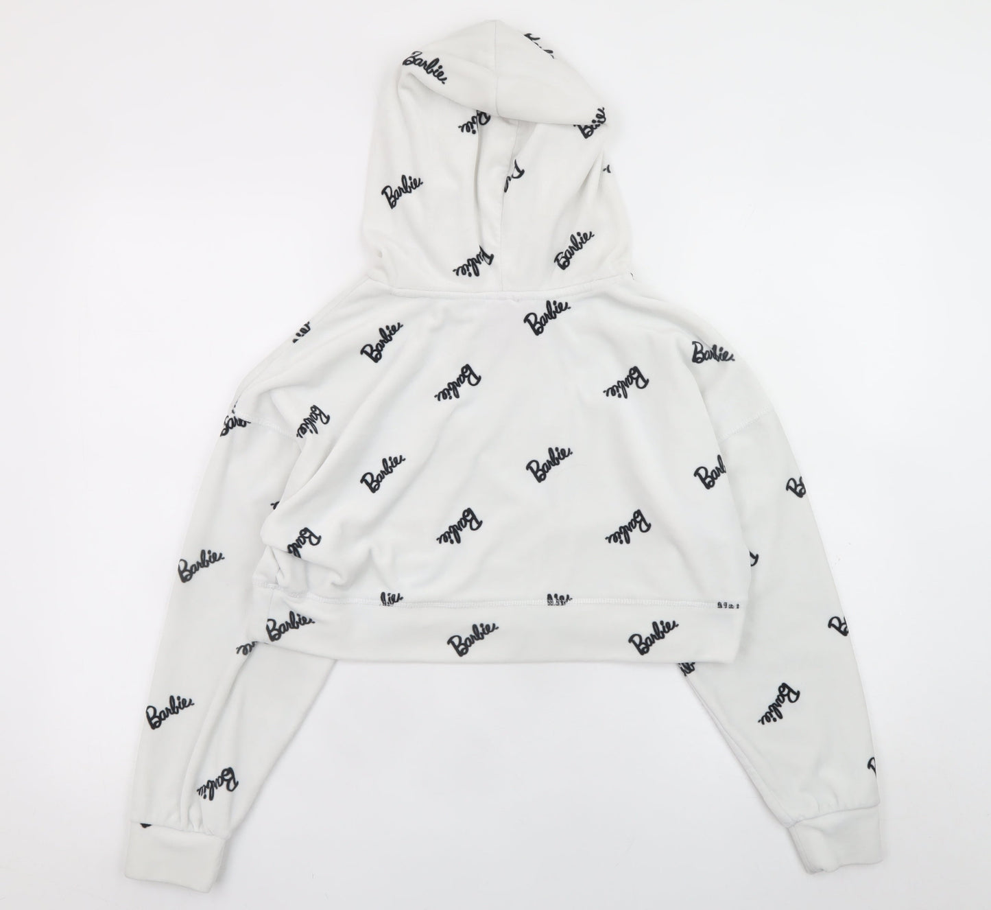 Barbie White XS Cropped Pullover Hoodie for Women with Logo Print