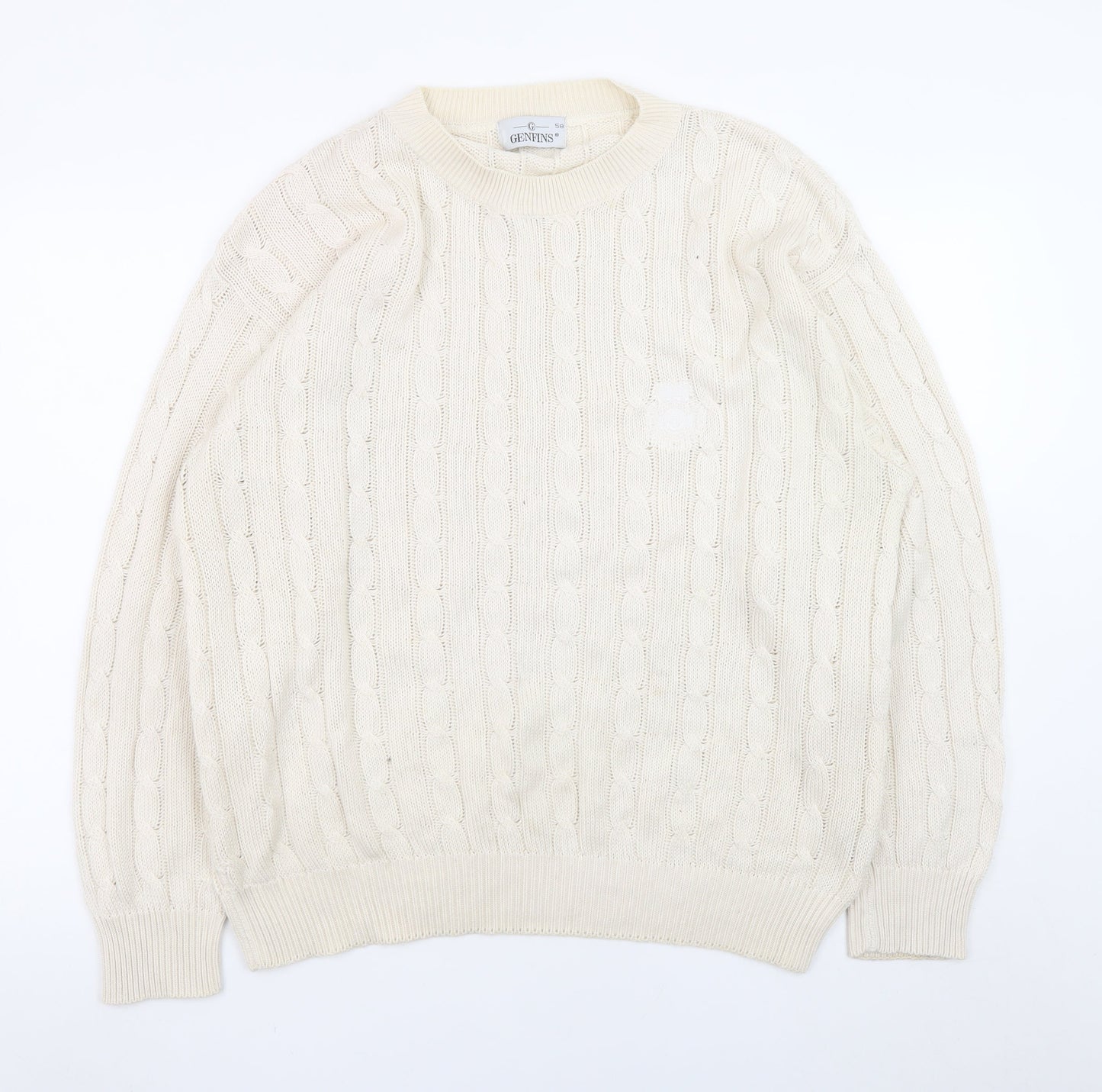 GENFINS Men’s Ivory Cable-Knit Cotton Acrylic Jumper XL Crew Neck