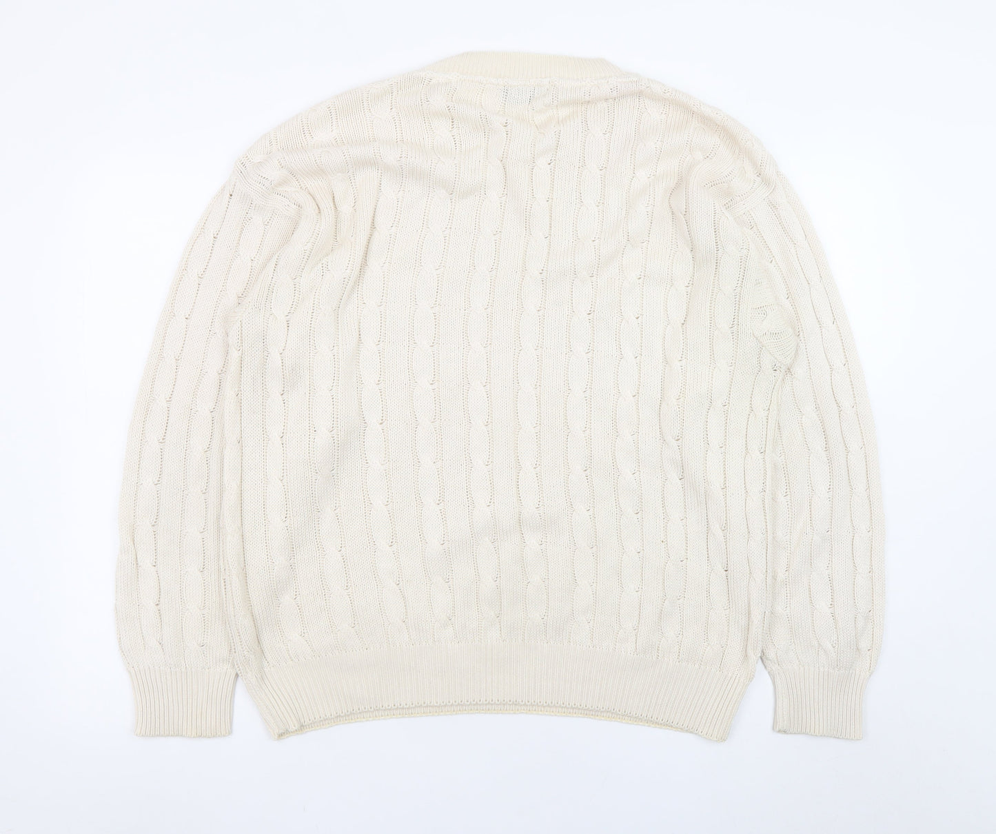 GENFINS Men’s Ivory Cable-Knit Cotton Acrylic Jumper XL Crew Neck