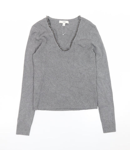 Marks & Spencer Women’s Grey Beaded V-Neck Knit Jumper Medium