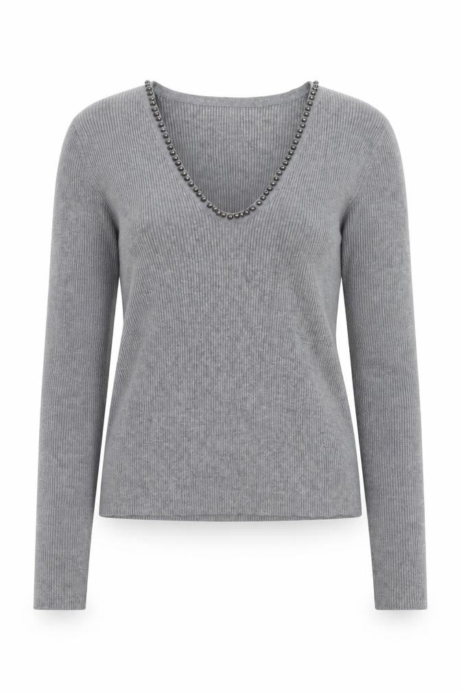 Marks & Spencer Women’s Grey Beaded V-Neck Knit Jumper Medium